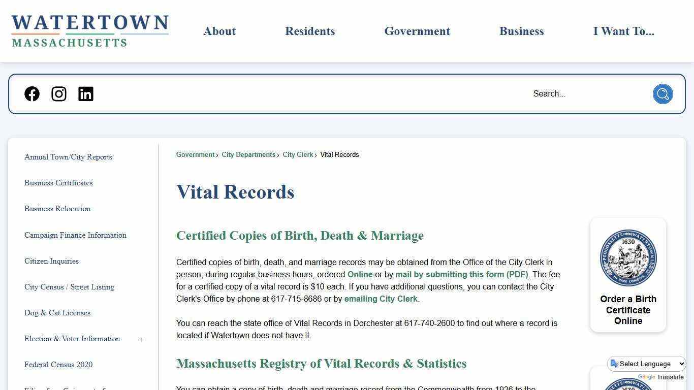 Vital Records | Watertown, MA - Official Website