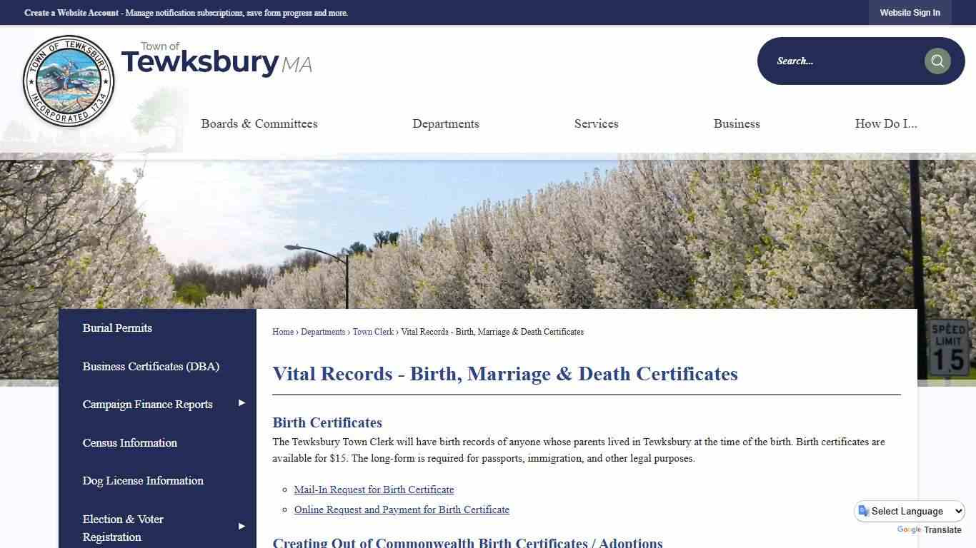 Vital Records - Birth, Marriage & Death Certificates | Tewksbury, MA