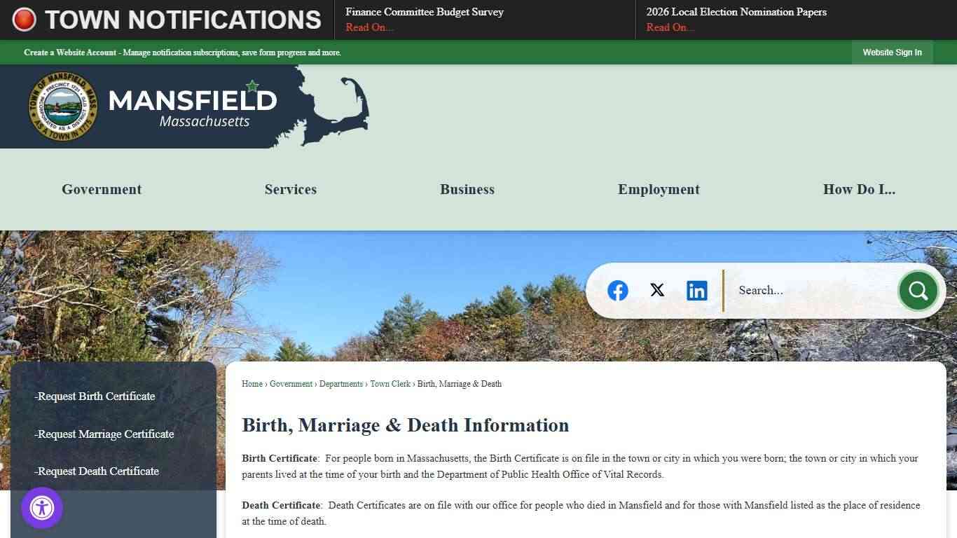 Birth, Marriage & Death Information | Mansfield, MA